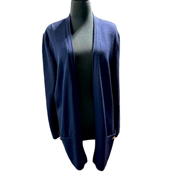 ST. JOHN Basics SANTANA KNIT JACKET CARDIGAN  Open Front Long Navy SIZE LARGE - Picture 1 of 10